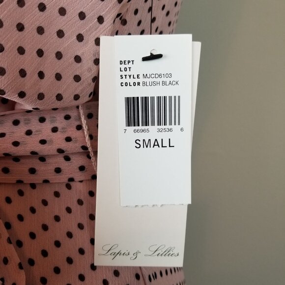 Lapis & Lillies Blush Pink & Black Dot Faux Wrap Chiffon Dress * Small * NEW Tag - Picture 5 of 9